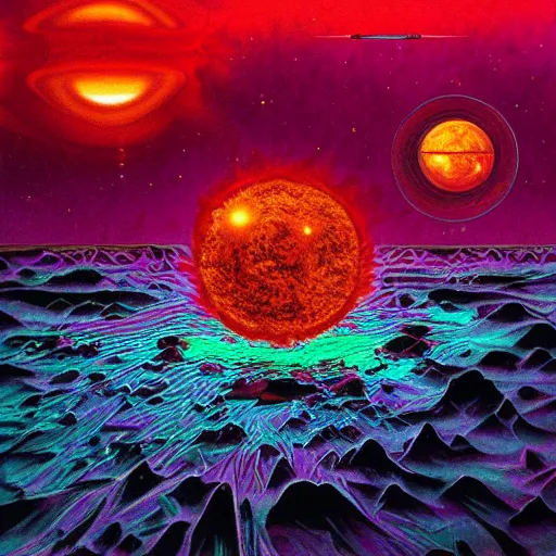 Image similar to dark matter red ultra violet infernal world future schizophrenia ambient sun and ocean sputnik computer HD 8K