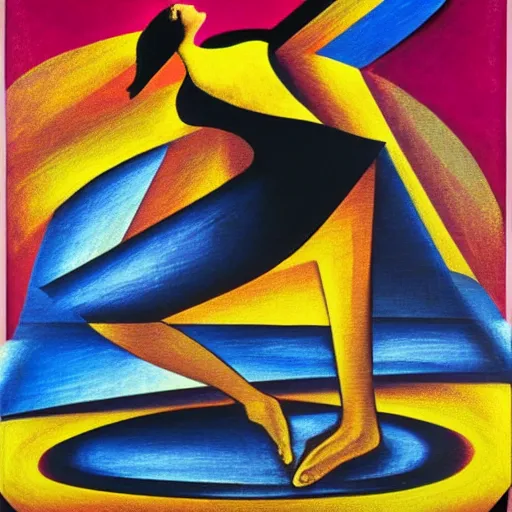 Prompt: woman woman dances with grace by the river and crosses the bridge at sunset , abstract art in the style of cubism and georgia o’keefe ,