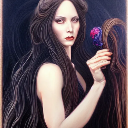 Image similar to portrait of a female wizard in flowing sensual dress, long flowing hair, delicate, looking at camera, slightly smiling, realistic face, stylish, elegant, extremely detailed painting inspired by Gerald Brom, studio lighting