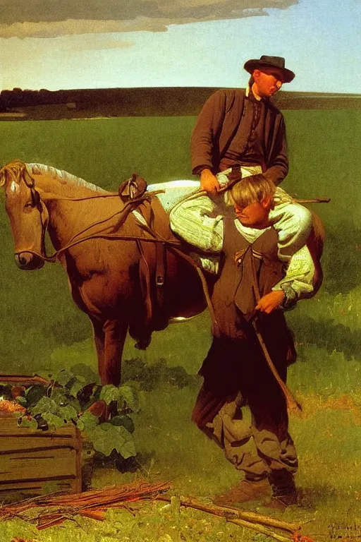 Prompt: Ohio Farm Boy 1880 by George Caleb Bingham and Winslow Homer, oil on canvas, Americana