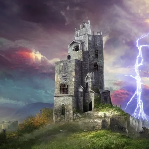 Prompt: a wizard casting a powerful spell from the top of an high ruined tower. Landscape view. Gothic village background. Apocalyptic sky. Strong lights. Realistic.