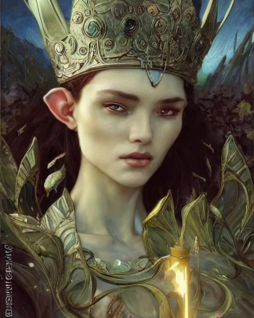 Image similar to a beautiful elf queen by BROM, Edgar Maxence and Ross Tran and Michael Whelan and Jules Bastien-Lepage