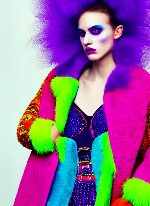 Prompt: coat for a rave, bright colors, many details, prints, photo for a magazine, photo for a store, fashion photography, Vogue, 135 mm, cinematic, hyper realism, high detail, 8k, chrome accents, perfect face