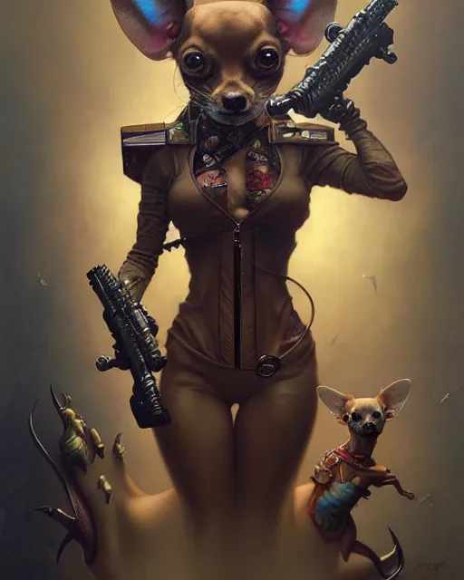 Image similar to rabid chihuahua fantasy character portrait, ultra realistic, wide angle, intricate details, blade runner artifacts, highly detailed by peter mohrbacher, boris vallejo, hajime sorayama aaron horkey, gaston bussiere, craig mullins