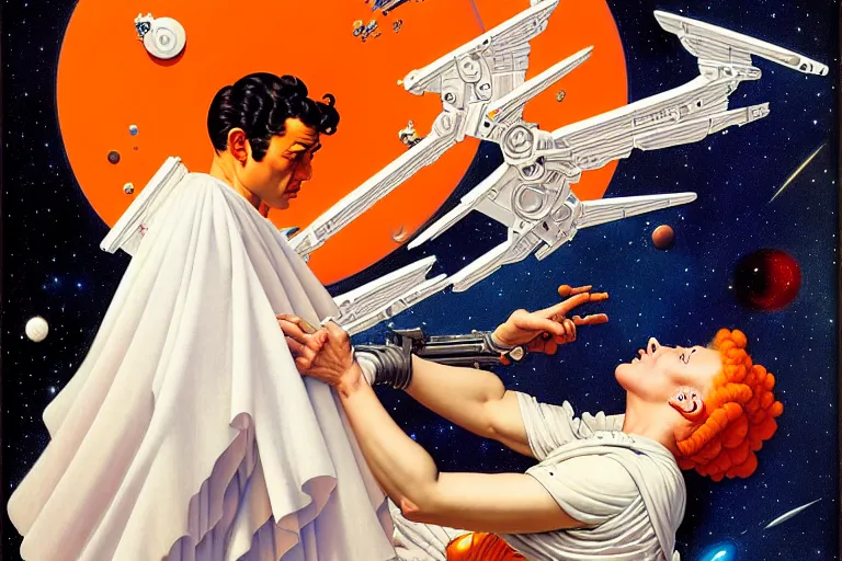 Prompt: a beautiful space angel fixing an android by dan mumford and alberto vargas and gil elvgren and william etty and norman rockwell, vibrant, white outfit, highly detailed, intricate, orange details, blue sky, comic lines, hyperrealism