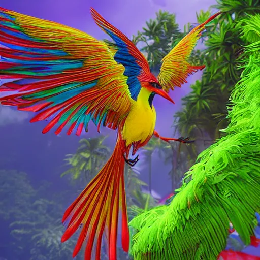 Image similar to fantasy forest, most colourful bird in philippine folklore, the magnificent, extremely beautiful ibong adarna with wings spread flying, long grand feathers, ultra - realistic, intricate details, 8 k, ultra - detailed, unreal engine five render