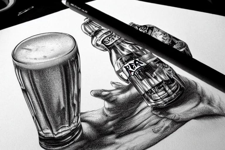 Image similar to beer, fantasy, pencil art, ultra realistic!!!, clear weather, golden hour, sharp focus