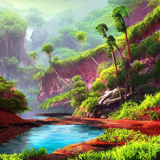 Image similar to digital painting of a lush natural scene on an alien planet by harlew flume. digital render. detailed. beautiful landscape. colourful weird vegetation. cliffs and water.