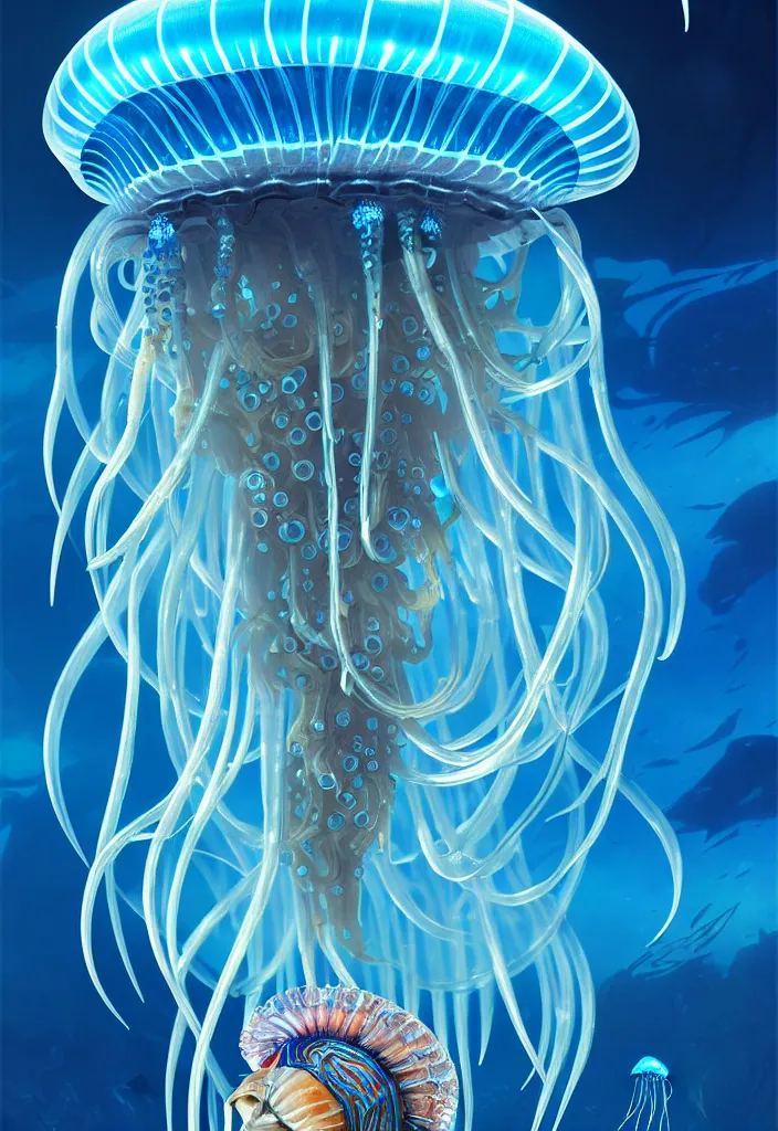 Image similar to Panorama hyper detailed painting of a cyberpunk jellyfish, blue tones, underwater, 8 mm, highly detailed, digital painting, artstation, concept art, smooth, sharp focus, illustration, art by artgerm and greg rutkowski and alphonse mucha