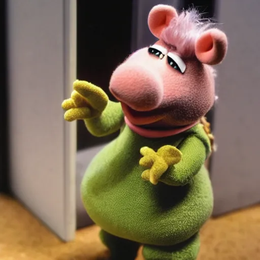 Image similar to miss piggy as guard at a maximum security muppet prison. she is taking a handcuffed animal to solitary confinement + photorealistic - h 6 4 0