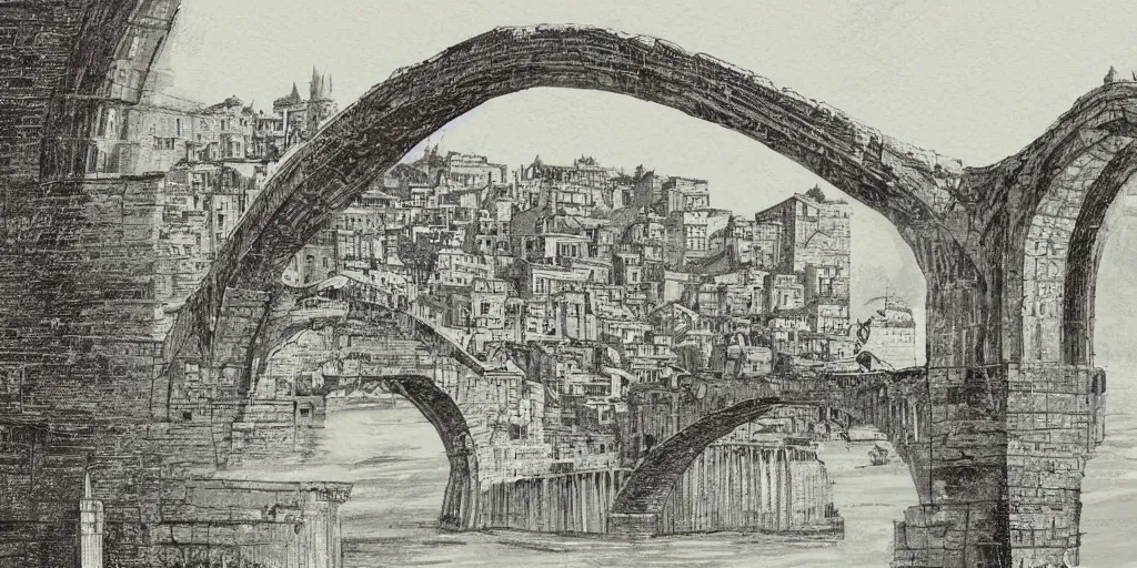 Image similar to Illustration, single long narrow huge ancient city on a narrow sky high bridge, over water, really long, all buildings on bridge, tall arched bridge