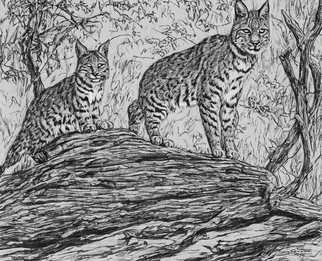 Prompt: bobcat standing alone on a log, by Currier & Ives, black and white, line art, pen & ink drawing, character concept