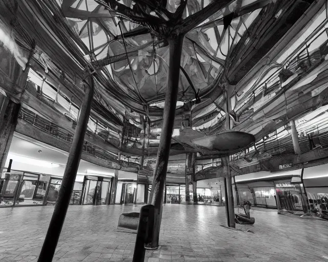 Image similar to camera footage of a giant Mantis in an abandoned shopping mall, high exposure, dark, monochrome, camera, grainy, CCTV, security camera footage, timestamp, zoomed in, fish-eye lense, Preying Mantis,