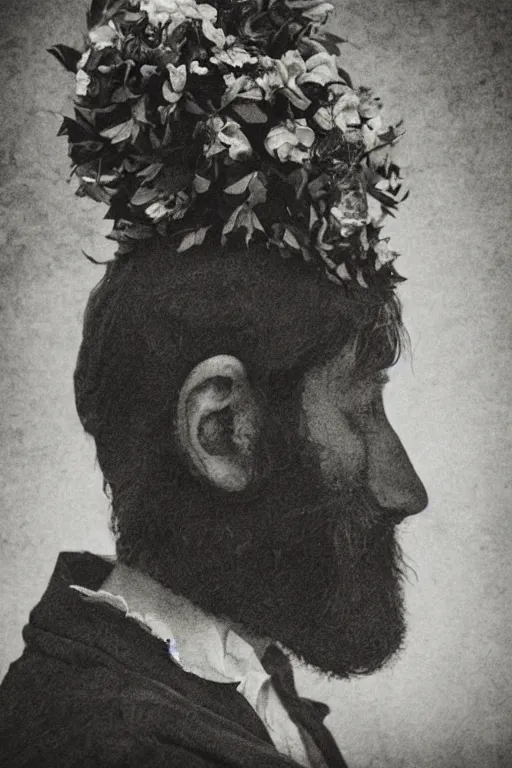 Image similar to an Irish man's face in profile, long beard, made of flowers and fruit, in the style of the Dutch masters and Gregory crewdson, dark and moody