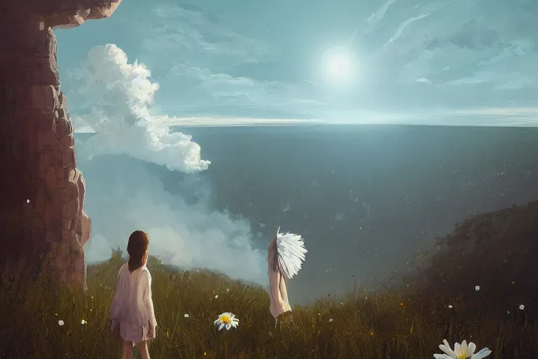 Prompt: giant white daisy flower over the head, girl standing on cliff, surreal photography, solar eclipse, milky way, dramatic light, impressionist painting, clouds, digital painting, artstation, james gilleard, liam wong, jeremy mann, simon stalenhag