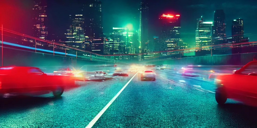 Image similar to 8 0 s neon movie still, high speed car chase on the highway with city in background, medium format color photography, 8 k resolution, movie directed by kar wai wong, hyperrealistic, photorealistic, high definition, highly detailed, tehnicolor, anamorphic lens, award - winning photography, masterpiece
