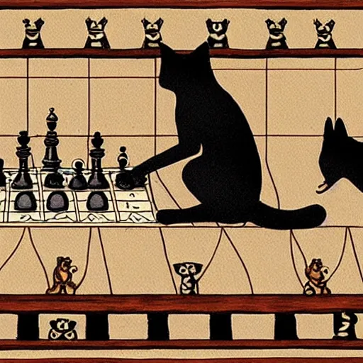 Image similar to two cats playing chess, in the style of Da Vinci