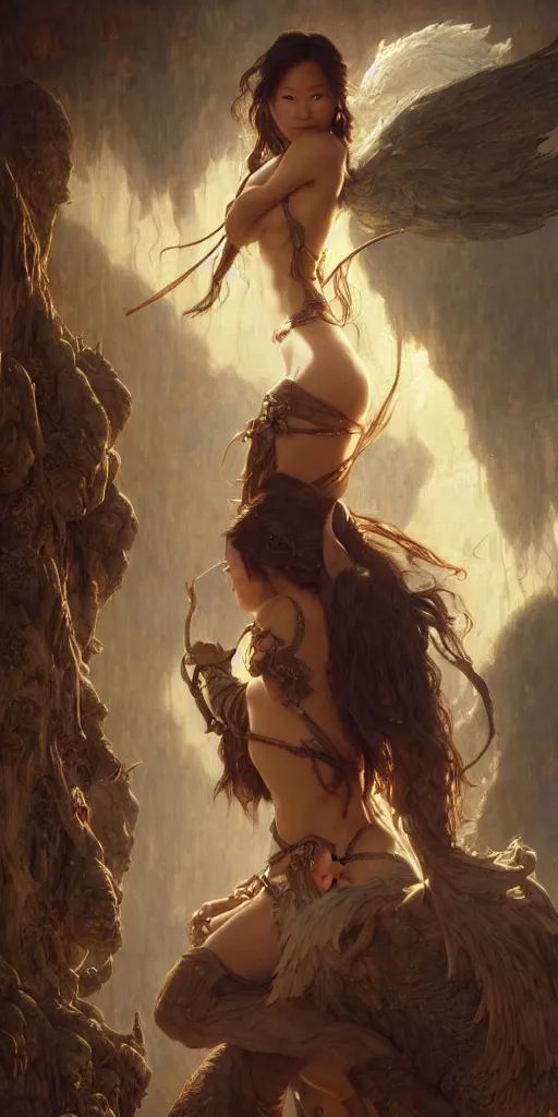 Image similar to jamie chung, beautiful fantasy maiden, dungeons and dragons, masterpiece by edgar maxence and ross tran and michael whelan, frank frazetta, gustav dore, 8 k, octane render