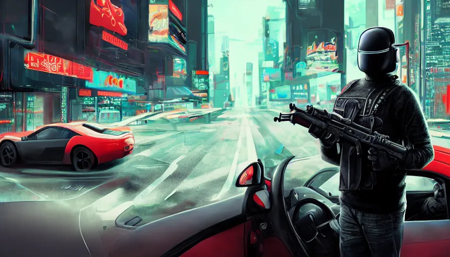 Image similar to elmo!! holding a machine gun leans out of the window of a driving car in cyberpunk, digital art, rendering, hyperrealistic, photorealism