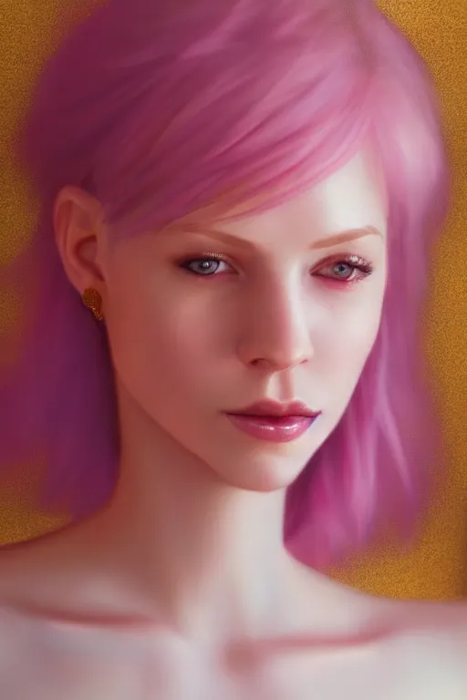 Image similar to Portrait of a beautiful pale skin Nordic female with short pink hair, elegant, photorealistic, highly detailed, artstation, smooth, sharp focus, gold ornaments, neon lighting, sci-fi, art by Klimt.