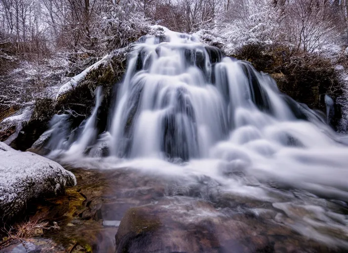 Prompt: photograph of a waterfall, winter, landscape photography, award winning, canon, sony, nikon, 4 k, hd
