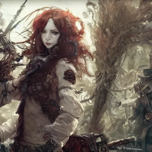 Image similar to christina hendricks!!!!! goth!!!!!, tankoban, 4 k, tone mapping, akihiko yoshida, james jean andrei riabovitchev marc simonetti, yoshitaka amano, long hair, curly, h. hydrochaeri