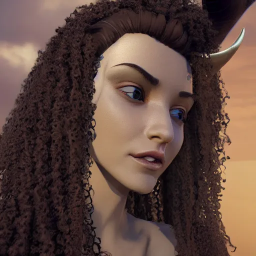 Image similar to a profile of girl with long curly hair and big horns, octane render, 4 k, 8 k, behance hd