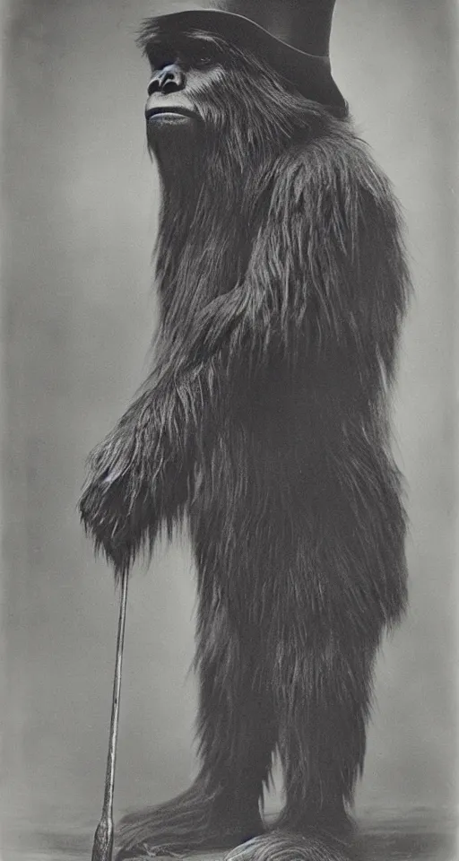 Image similar to a vintage wet plate portrait of a dignified bigfoot with a top hat and cane, extremely detailed, by yousuf karsh!!!!!!!!!!!!!!!!!!