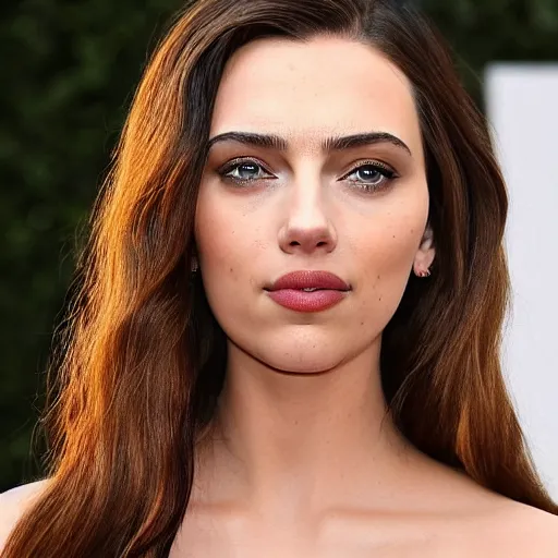 Image similar to a woman who is a genetic combination of kim kardashian and kat dennings and scarlett johansson and margot robbie and emma watson, face and upper - body focus