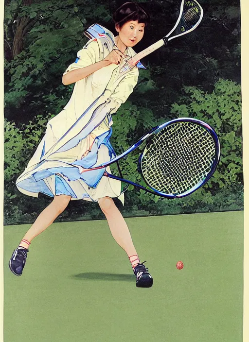 Prompt: a copic maker art nouveau portrait of a japanese woman playing tennis on a grass court wearing a futuristic anorak designed by balenciaga by john berkey norman rockwell