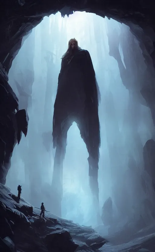 Prompt: a beautiful artwork illustration, odin exploring a dark magical cave, volumetric fog, godrays, high contrast, high contrast, high contrast, vibrant colors, vivid colors, high saturation, by Greg Rutkowski and Jesper Ejsing and Raymond Swanland, featured on artstation, wide angle, vertical orientation