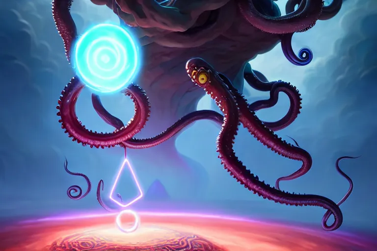 Prompt: the dark magician summons a portal to the other world, tentacles climb from the portal, peter mohrbacher style, ray tracing, octane render, cinematic, digital art, realistic, high quality, 8 k