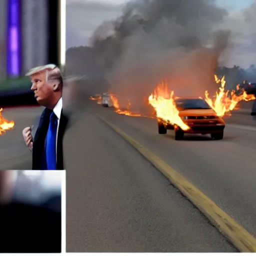 Prompt: photograph of donald trump on the highway firebending cars