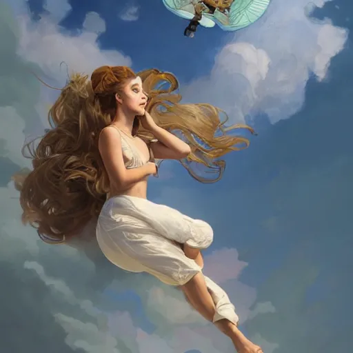 Prompt: beautiful cottagecore Ariana Grande skydiving, wind in the hair intricate, elegant, highly detailed, digital painting, artstation, concept art, smooth, sharp, focus, illustration, art by artgerm and greg rutkowski and alphonse mucha