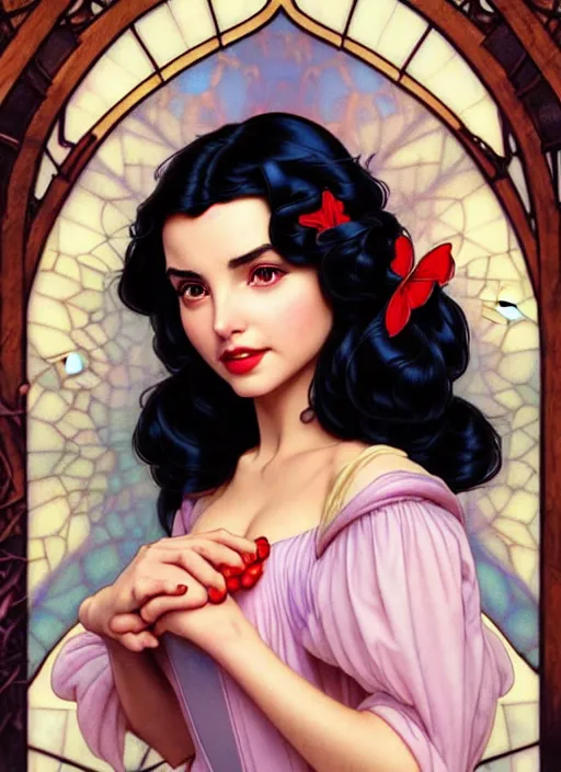 Image similar to disney snow white ( ( ana de armas ) ), dreamscape, girl, masterpiece, intricate, elegant, highly detailed, my rendition, digital painting, artstation, concept art, smooth, sharp focus, illustration, art by artgerm and greg rutkowski and alphonse mucha and uang guangjian and gil elvgren and sachin teng, symmetry!!