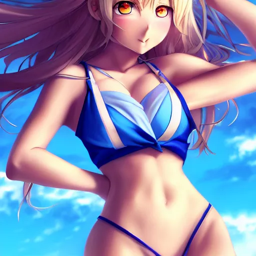 Image similar to a very beautiful young anime giantess with her tiny dad, full body, long wavy blond hair, sky blue eyes, full round face, evil grin, bikini, miniskirt, front view, mid - shot, highly detailed, cinematic wallpaper by stanley artgerm lau