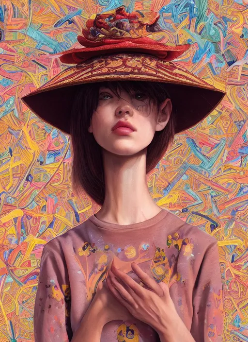 Image similar to brown eyes girl with abstract hat :: by Martine Johanna and Simon Stålenhag and Chie Yoshii and Casey Weldon and Guillermo del toro :: ornate, dynamic, particulate, rich colors, intricate, elegant, highly detailed, centered, artstation, smooth, sharp focus, octane render, 3d