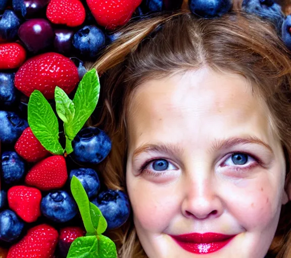 Prompt: drew barrymore face made of blueberries blackberries strawberries cranberries raspberries, closeup detailed