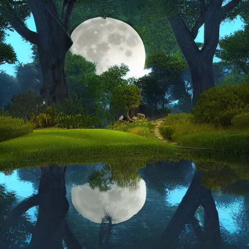 Prompt: lothlorian with fairy and full moon, 4k, hyperrealistic rendered in 4k, cinematic composition vray photorealistic focused lighting, HD