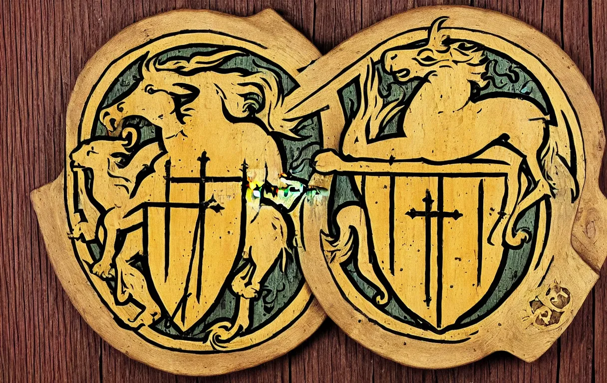 Prompt: medieval coat of arms containing the symbols of the five manna values from magic the gathering on a wooden shield