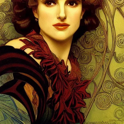 Image similar to a closeup portrait of a young natalie portman, art nouveau, jugendstil, decorative background, spirals, painted by alphonse mucha