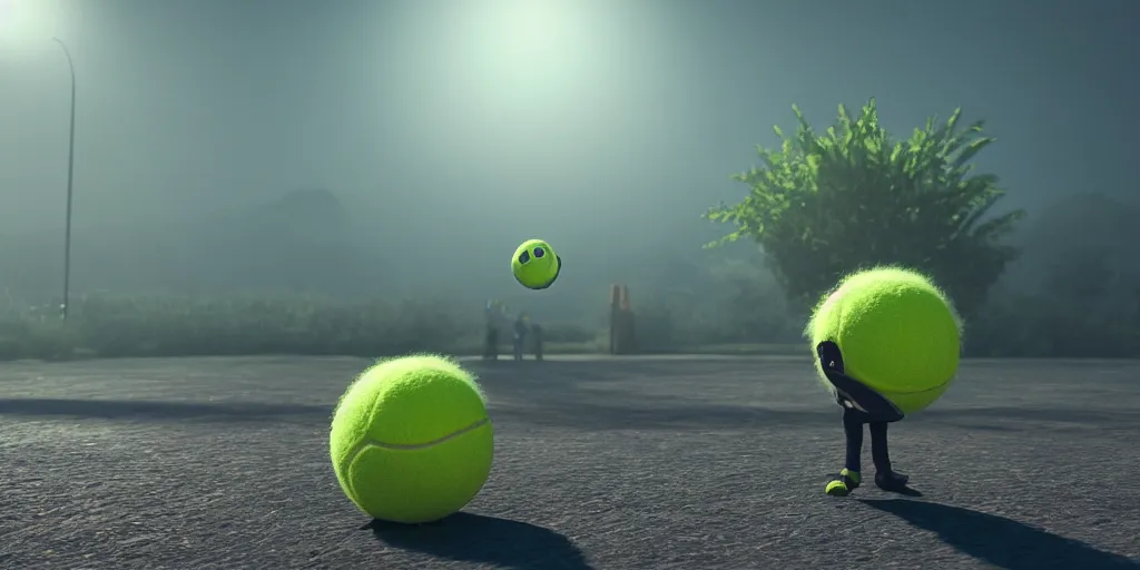 Image similar to a photo of 8 k ultra realistic tennis ball monster, tennis ball monsters, exotic, cinematic lighting, trending on artstation, 4 k, hyperrealistic, focused, high details, unreal engine 5, cinematic, alien planet atmosphere in background, 3 d render by basil gogos and beeple