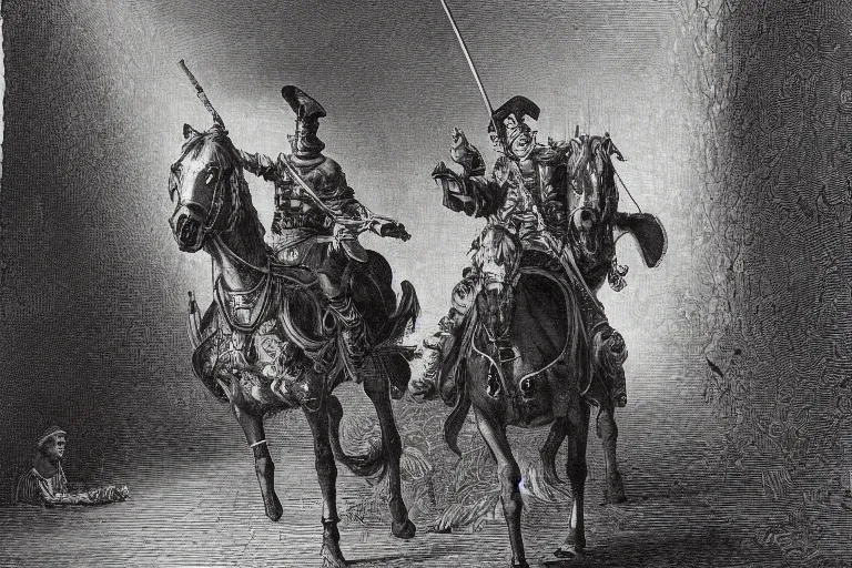 Image similar to highly detailed big opened book don quixote goes away from it, masterpiece, highly detailed painting by gustave dore