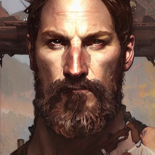 Image similar to portrait of rugged spartan, halo, handsome, fantasy, art by greg rutkowski and alphonse mucha