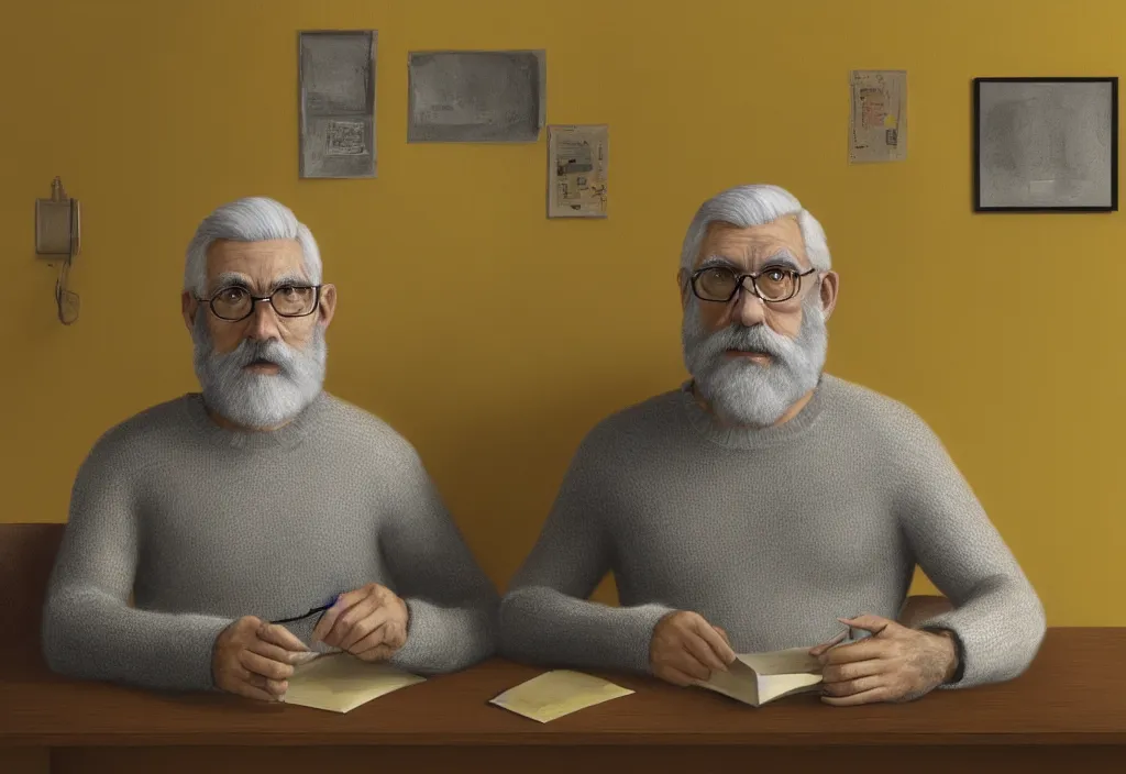 Prompt: Gray bearded professor sits in his study wearing a yellow sweater, hyperrealistic, portrait, concept art, illustration, 8k, artstation, digital painting