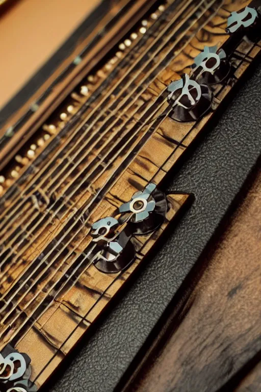 Prompt: up close steampunk fretboard without strings