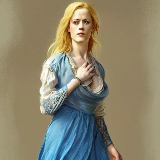 Prompt: full figure ultra realistic illustration, evan rachel wood wearing a maiden blue dress, blonde flowy hair, old west, intricate, elegant, highly detailed, digital painting, artstation, concept art, smooth, sharp focus, illustration, art by artgerm and greg rutkowski and alphonse mucha