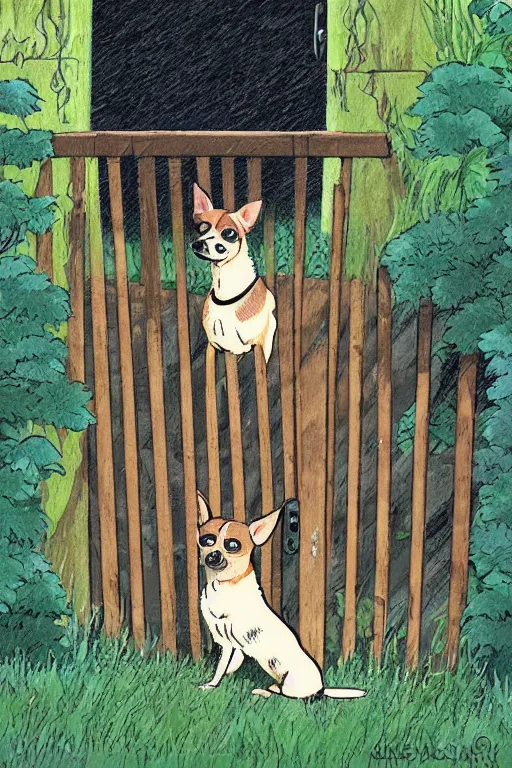 Prompt: A black and tan chihuahua looks through her garden gate, cel shaded cartoon in the style of studio Ghibli, stormy weather, raining, wet, morning, cinematic lighting