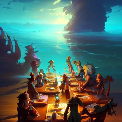 Image similar to pirates board meeting, cgsociety, fantasy art, 2 d game art, concept art, heavenly lighting, retrowave, behance hd, concept art by jesper ejsing, by rhads, makoto shinkai cyril rolando, madgwick, cory loftis, anime studio and pixar animation studio and disney