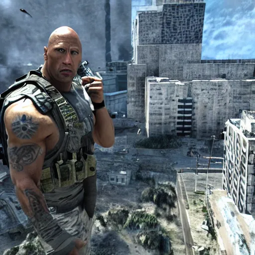 Image similar to dwayne the rock johnson, dwayne the rock johnson in the call of duty map highrise, modern warfare 2 highrise, screenshot